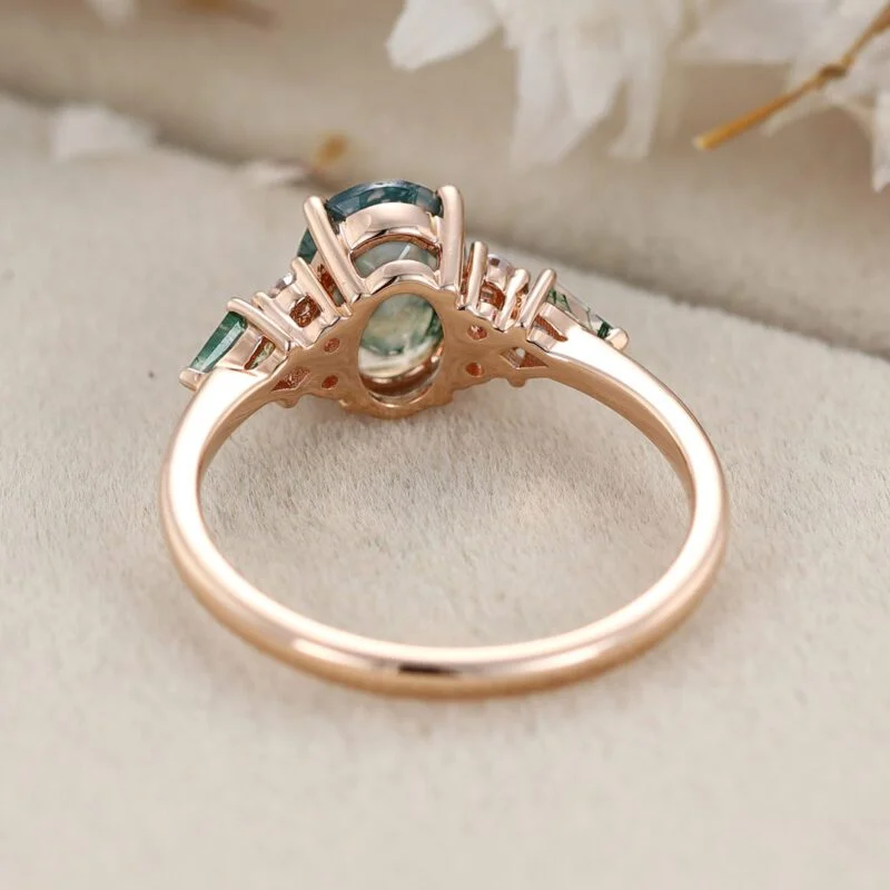 Oval cut Moss Agate engagement ring Vintage 14K Rose gold Ring Unique Cluster kite cut green Agate moissanite wedding ring Anniversary gift