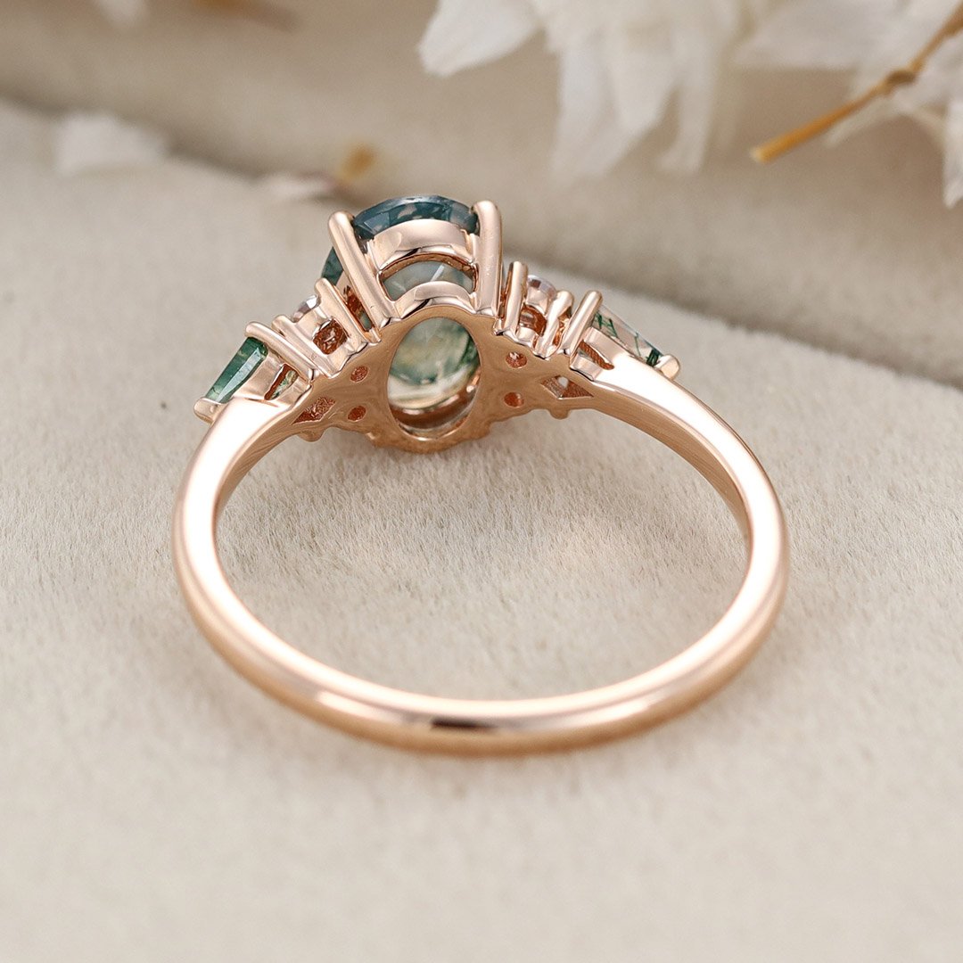 Oval cut Moss Agate engagement ring Vintage 14K Rose gold Ring Unique Cluster kite cut green Agate moissanite wedding ring Anniversary gift 6
