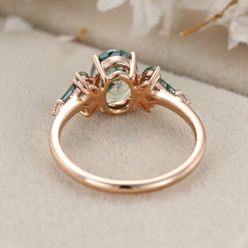 Oval cut Moss Agate engagement ring Vintage Rose gold engagement ring Unique Kite cut Moss Agate wedding Bridal Promise Anniversary gift