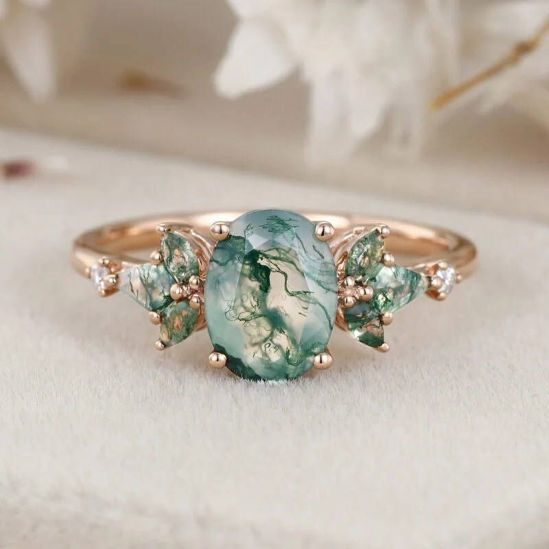 Oval cut Moss Agate engagement ring Vintage Rose gold engagement ring Unique Kite cut Moss Agate wedding Bridal Promise Anniversary gift