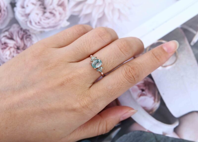 Oval cut Moss Agate engagement ring Vintage Rose gold engagement ring Unique Kite cut Moss Agate wedding Bridal Promise Anniversary gift