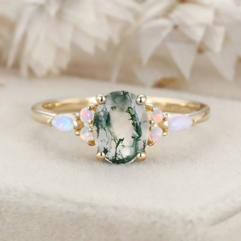 Oval cut Moss Agate engagement ring vintage 14K Yellow gold Cluster Marquise Opal engagement ring Bridal Promise anniversary gift for her