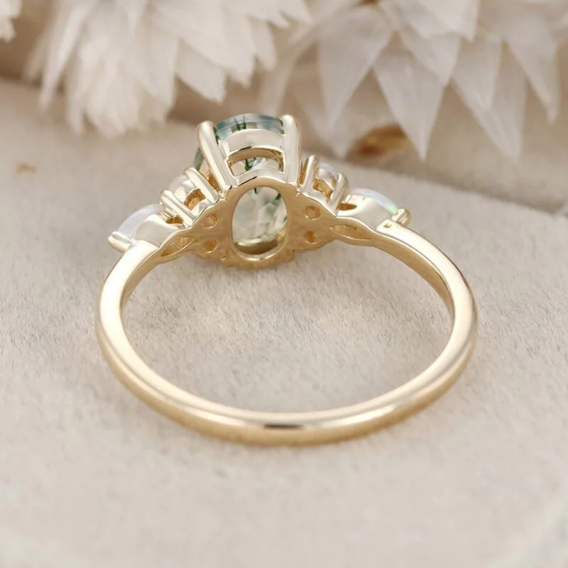 Oval cut Moss Agate engagement ring vintage 14K Yellow gold Cluster Marquise Opal engagement ring Bridal Promise anniversary gift for her