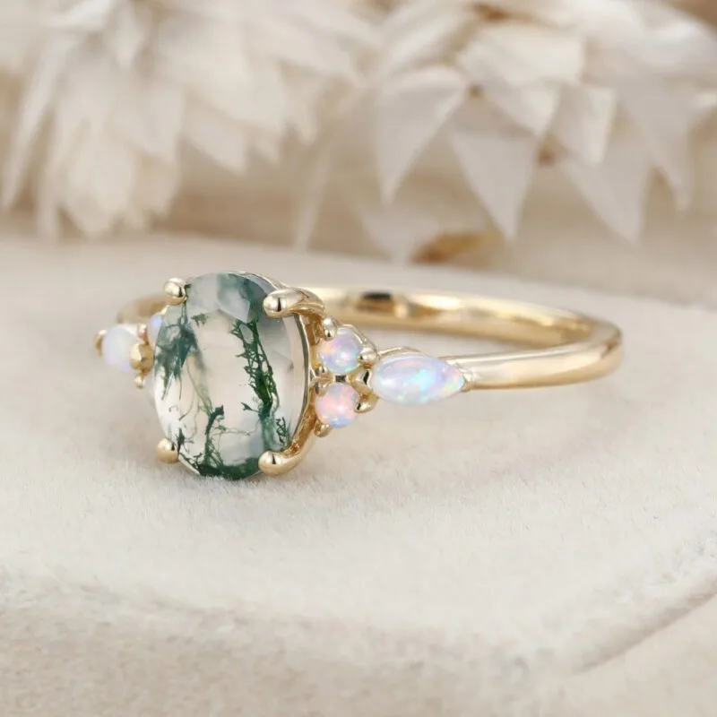 Oval cut Moss Agate engagement ring vintage 14K Yellow gold Cluster Marquise Opal engagement ring Bridal Promise anniversary gift for her