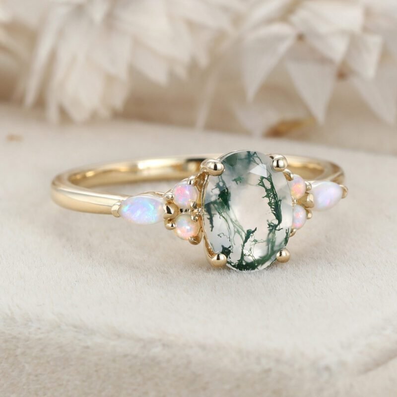 Oval cut Moss Agate engagement ring vintage 14K Yellow gold Cluster Marquise Opal engagement ring Bridal Promise anniversary gift for her