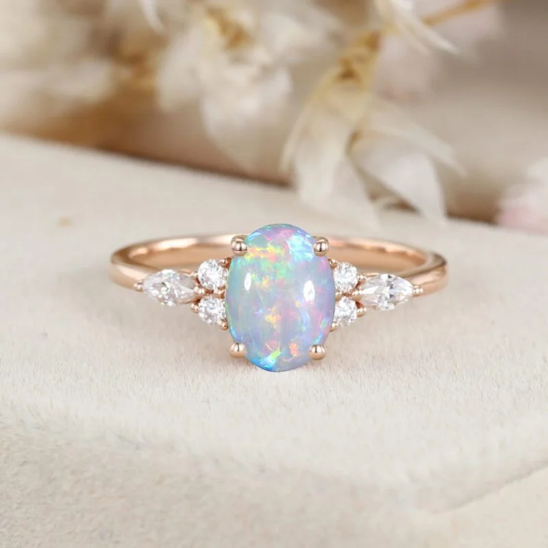 Oval cut Opal engagement ring Vintage Rose gold Engagement ring Unique MoissaniteDiamond Ring Cluster ring wedding Bridal Anniversary gift