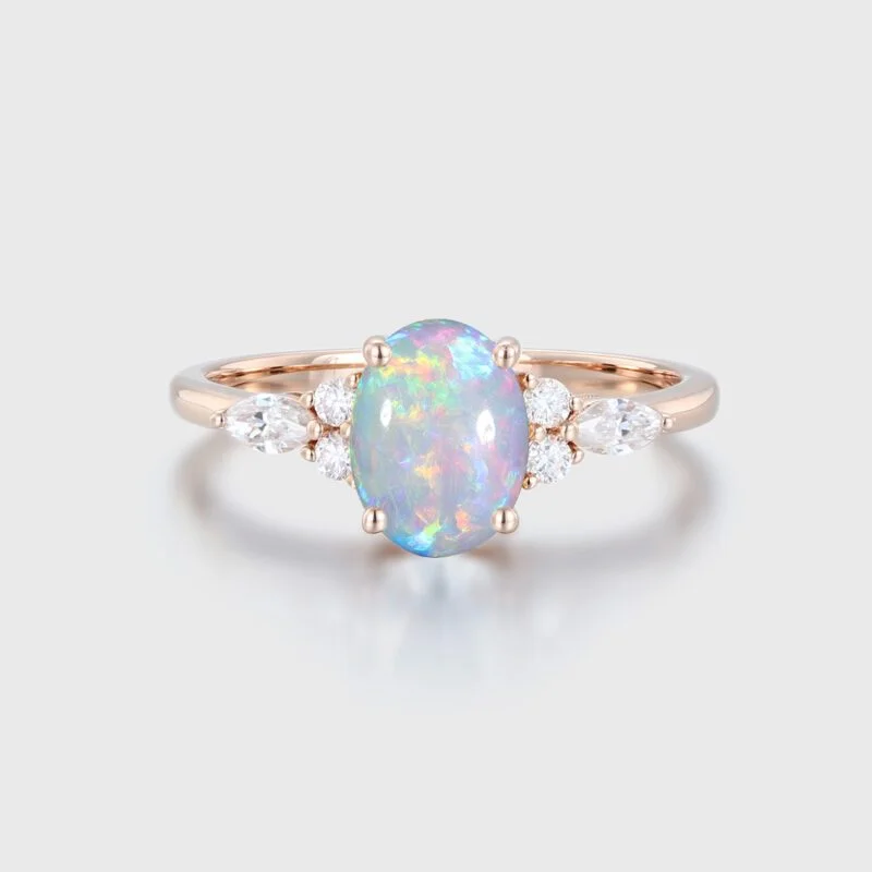 Oval cut Opal engagement ring Vintage Rose gold Engagement ring Unique MoissaniteDiamond Ring Cluster ring wedding Bridal Anniversary gift