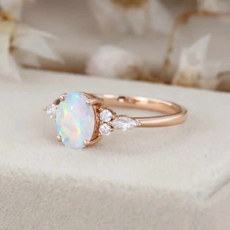 Oval cut Opal engagement ring Vintage Rose gold Engagement ring Unique MoissaniteDiamond Ring Cluster ring wedding Bridal Anniversary gift