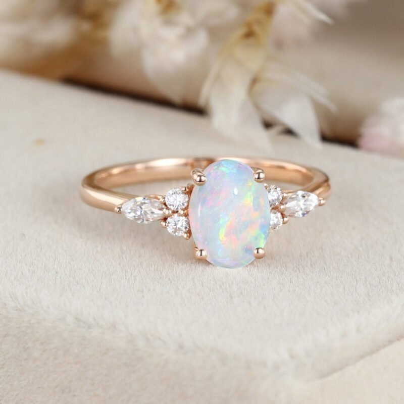 Oval cut Opal engagement ring Vintage Rose gold Engagement ring Unique MoissaniteDiamond Ring Cluster ring wedding Bridal Anniversary gift