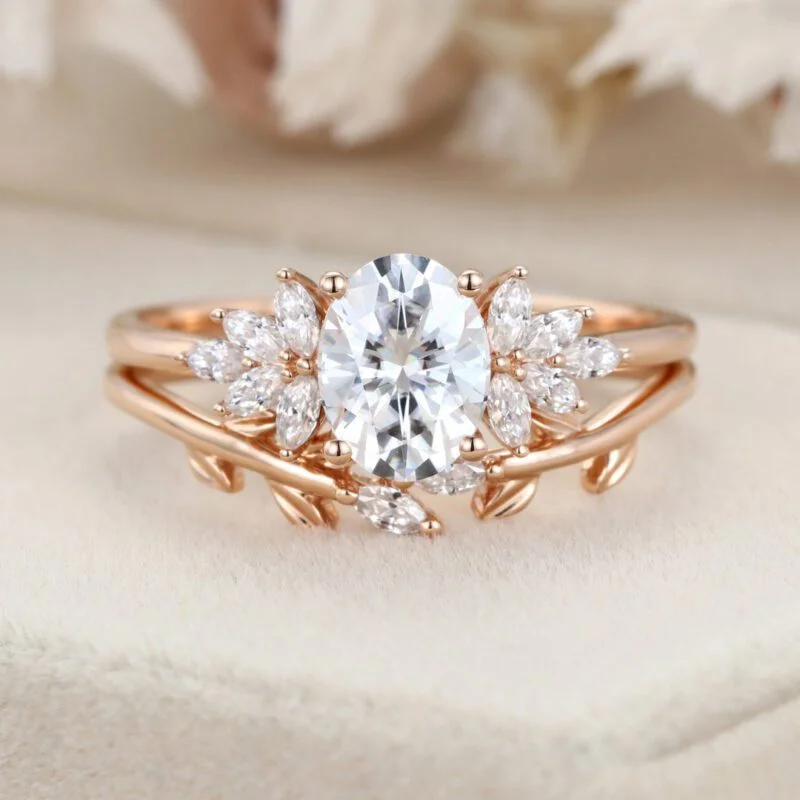 Oval cut moissanite engagement ring set vintage women rose gold marquise cut moissanite unique diamond curved wedding band leaf Bridal set