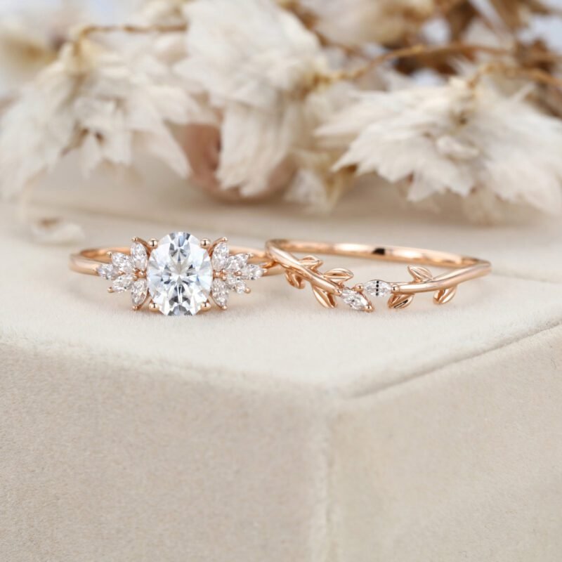 Oval cut moissanite engagement ring set vintage women rose gold marquise cut moissanite unique diamond curved wedding band leaf Bridal set