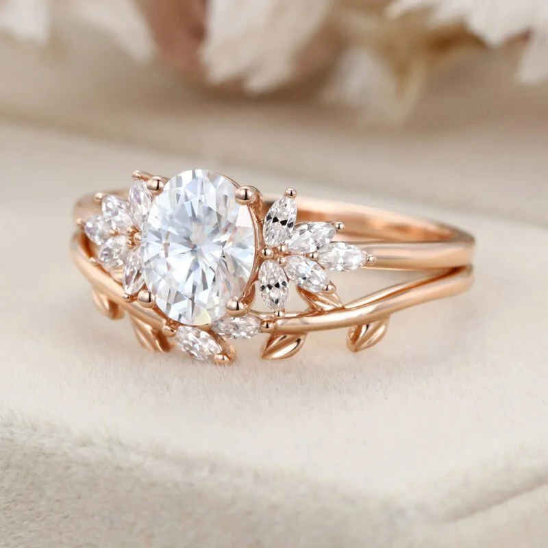 Oval cut moissanite engagement ring set vintage women rose gold marquise cut moissanite unique diamond curved wedding band leaf Bridal set