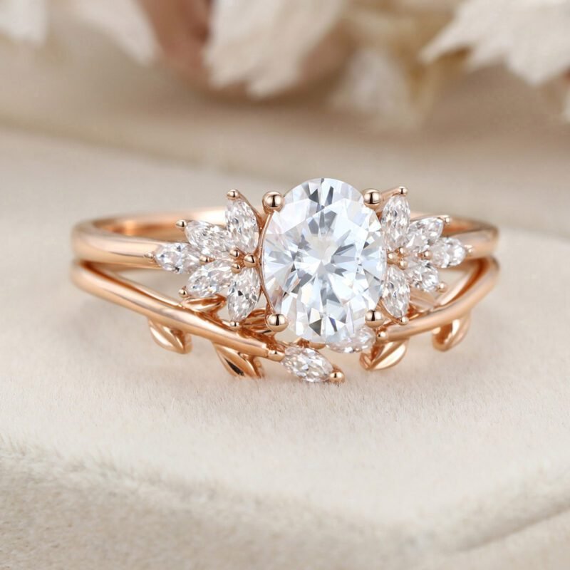 Oval cut moissanite engagement ring set vintage women rose gold marquise cut moissanite unique diamond curved wedding band leaf Bridal set