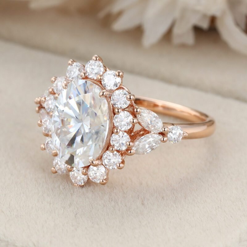Oval moissanite engagement ring halo 2.5ct Unique rose gold moissanite engagement ring vintage cluster ring wedding bridal Anniversary gift