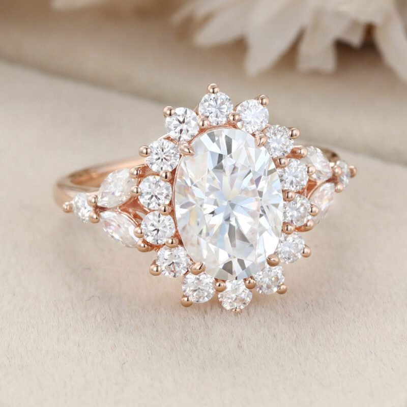 Oval moissanite engagement ring halo 2.5ct Unique rose gold moissanite engagement ring vintage cluster ring wedding bridal Anniversary gift