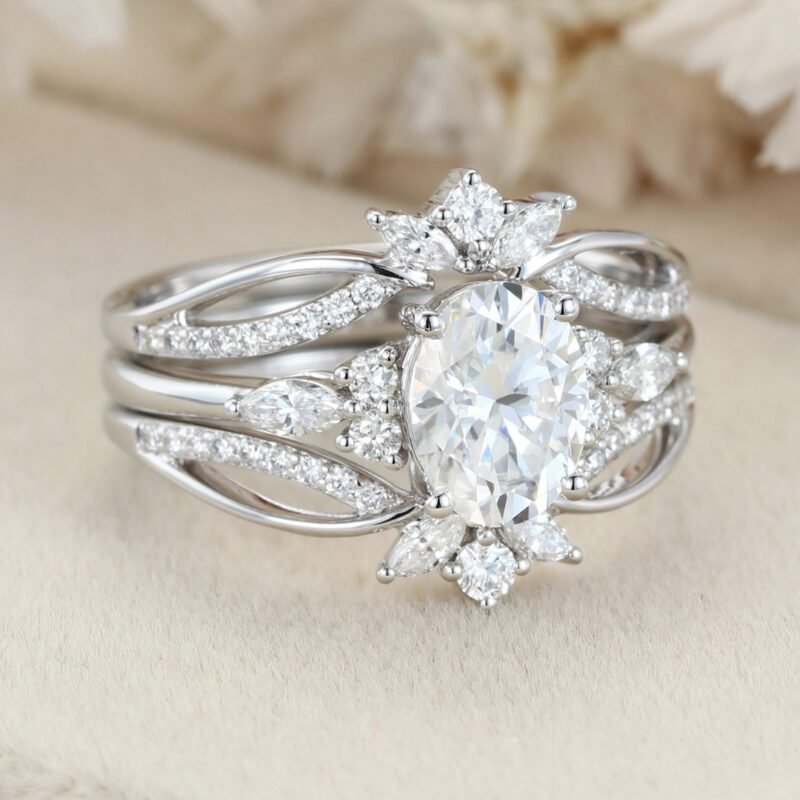 Oval moissanite engagement ring set Unique marquise cluster diamond ring 14K White gold double wedding ring Promise Anniversary gift