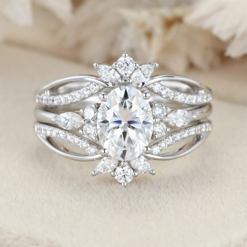 Oval moissanite engagement ring set Unique marquise cluster diamond ring 14K White gold double wedding ring Promise Anniversary gift