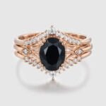 Oval Shape Black Onyx Engagement Ring Set Women Rose Gold Half Eternity Stacking Matching Wedding Ring Set