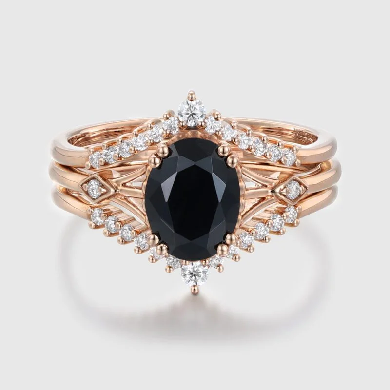 Oval shape Black onyx engagement ring set women Vintage Solid Gold Moissanite Engagement Ring Half eternity Stacking Matching wedding ring