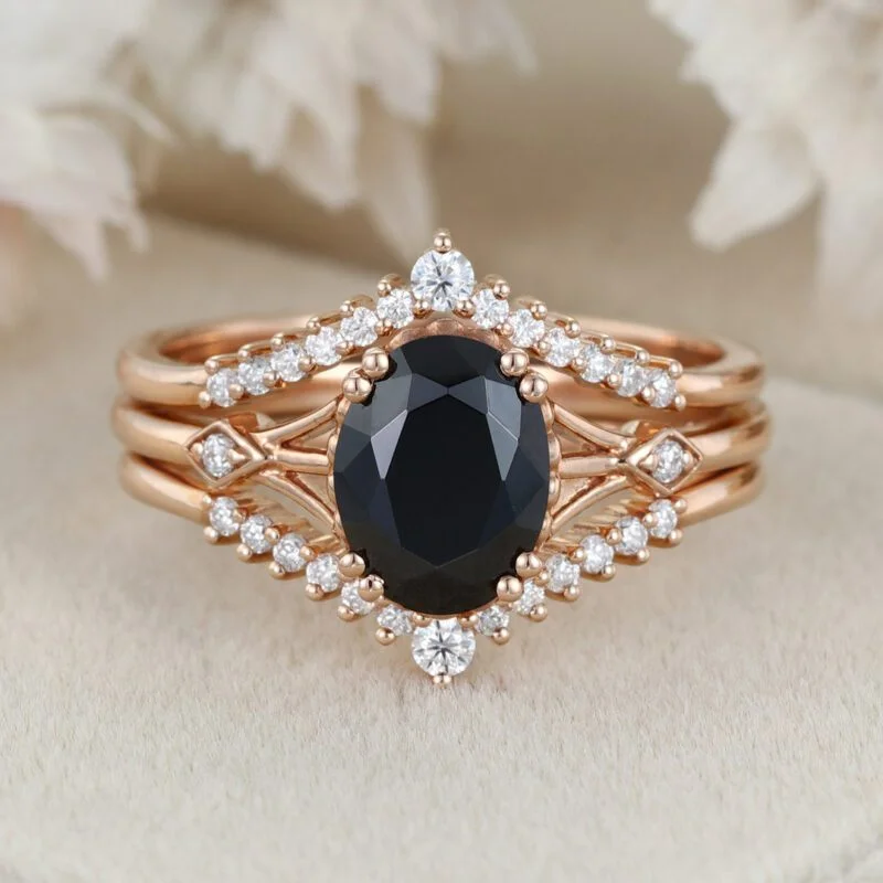 Oval shape Black onyx engagement ring set women Vintage Solid Gold Moissanite Engagement Ring Half eternity Stacking Matching wedding ring