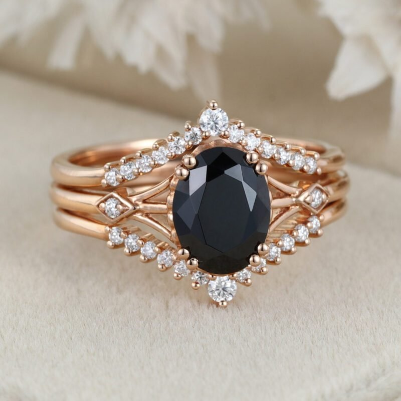 Oval shape Black onyx engagement ring set women Vintage Solid Gold Moissanite Engagement Ring Half eternity Stacking Matching wedding ring