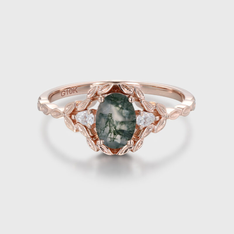 Oval shape Moss agate engagement ring Vintage 14K Rose gold nature inspired engagement ring Leaf band art deco ring Anniversary gift