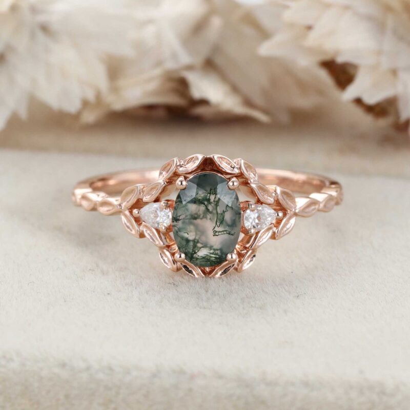 Oval shape Moss agate engagement ring Vintage 14K Rose gold nature inspired engagement ring Leaf band art deco ring Anniversary gift