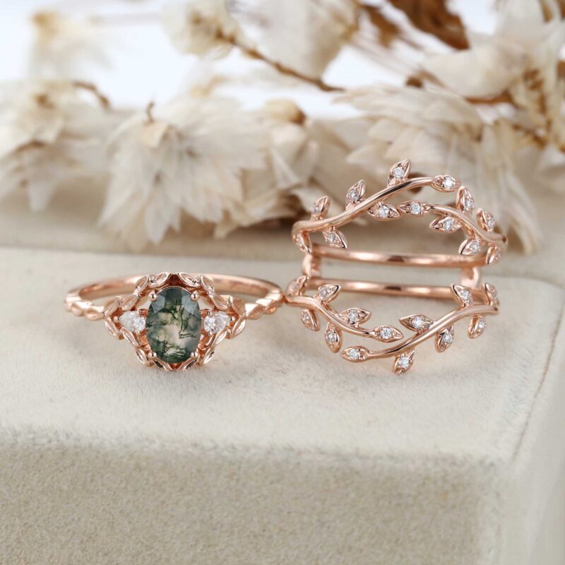 Oval shape Moss agate engagement ring set Vintage 14K Rose gold nature inspired engagement ring Leaf band art deco ring Anniversary gift