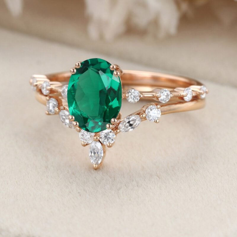 Oval shaped Emerald engagement ring set Vintage Rose gold engagement ring Marquise Diamond Cluster ring wedding band promise anniversary gift