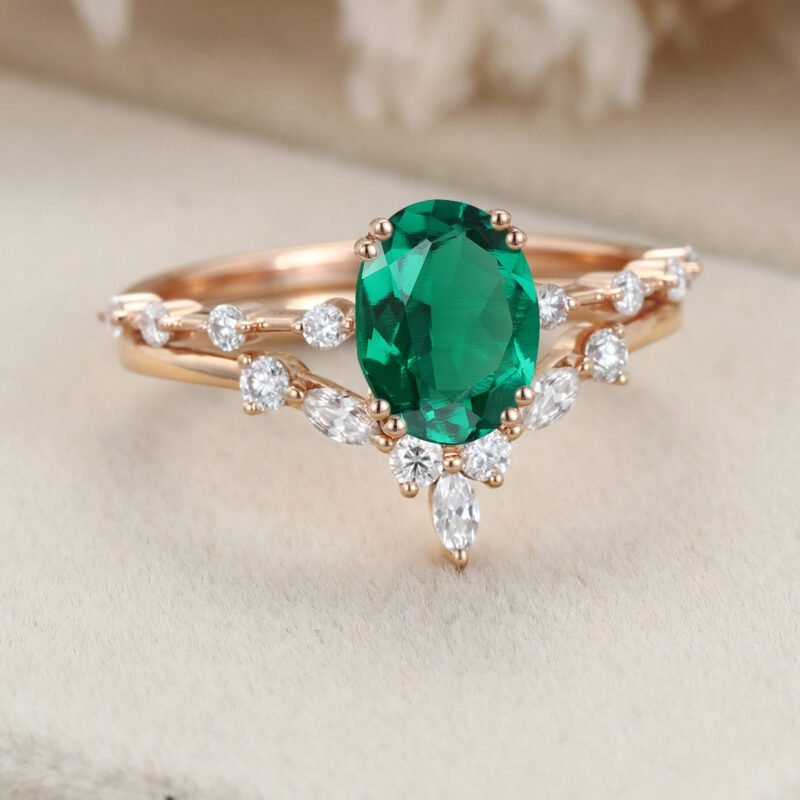 Oval shaped Emerald engagement ring set Vintage Rose gold engagement ring Marquise Diamond Cluster ring wedding band promise anniversary gift