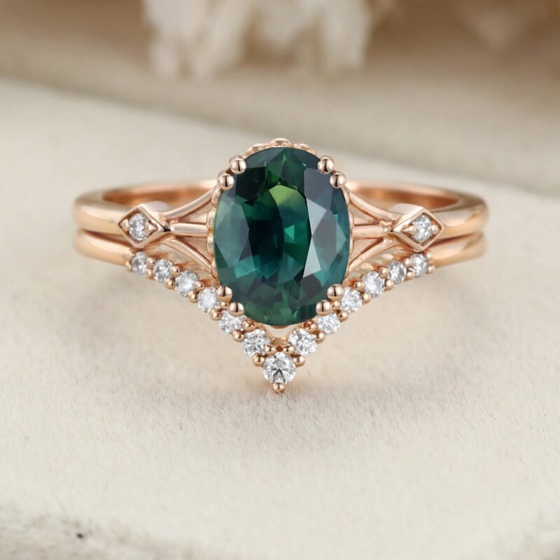 Oval shaped Green Blue Sapphire engagement ring set Unique vintage Rose gold engagement ring women Diamond wedding Bridal Anniversary