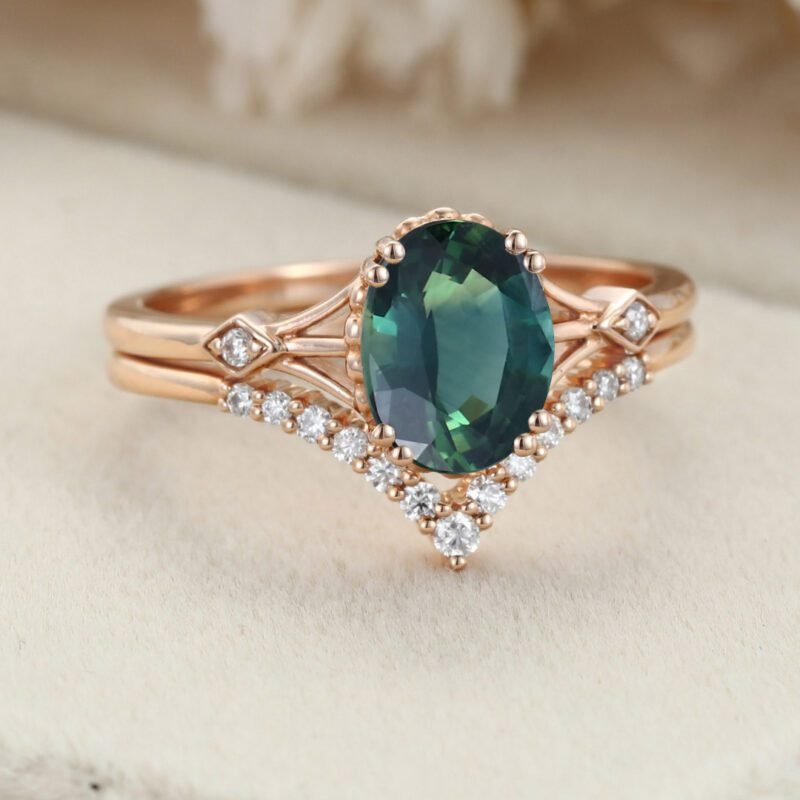Oval shaped Green Blue Sapphire engagement ring set Unique vintage Rose gold engagement ring women Diamond wedding Bridal Anniversary