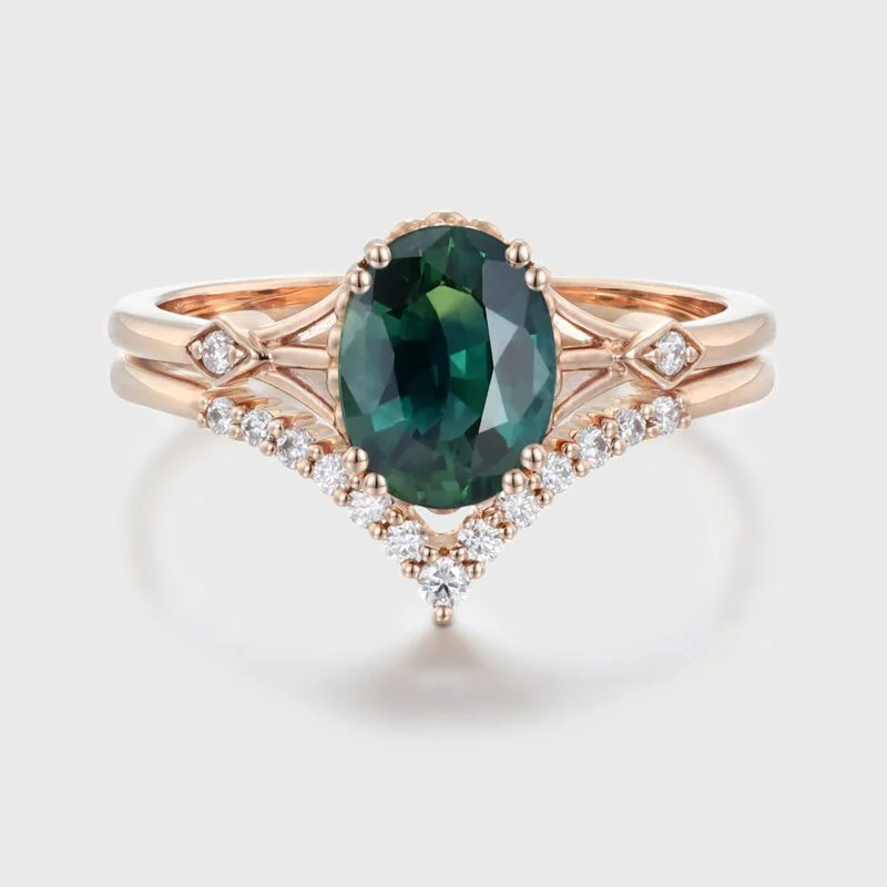 Oval shaped Green Blue Sapphire engagement ring set Unique vintage Rose gold engagement ring women Diamond wedding Bridal Anniversary