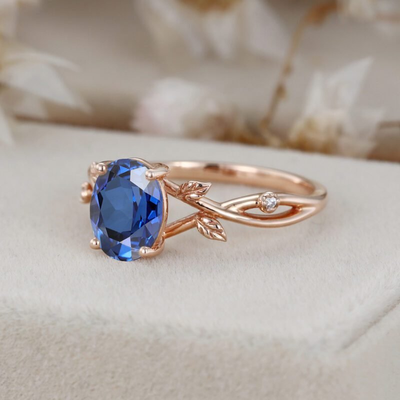 Oval shaped Lab Sapphire Ring Vintage Twig Vine Leaf Ring Unique Rose gold Sapphire Engagement Ring Bridal Ring Promise Anniversary gift