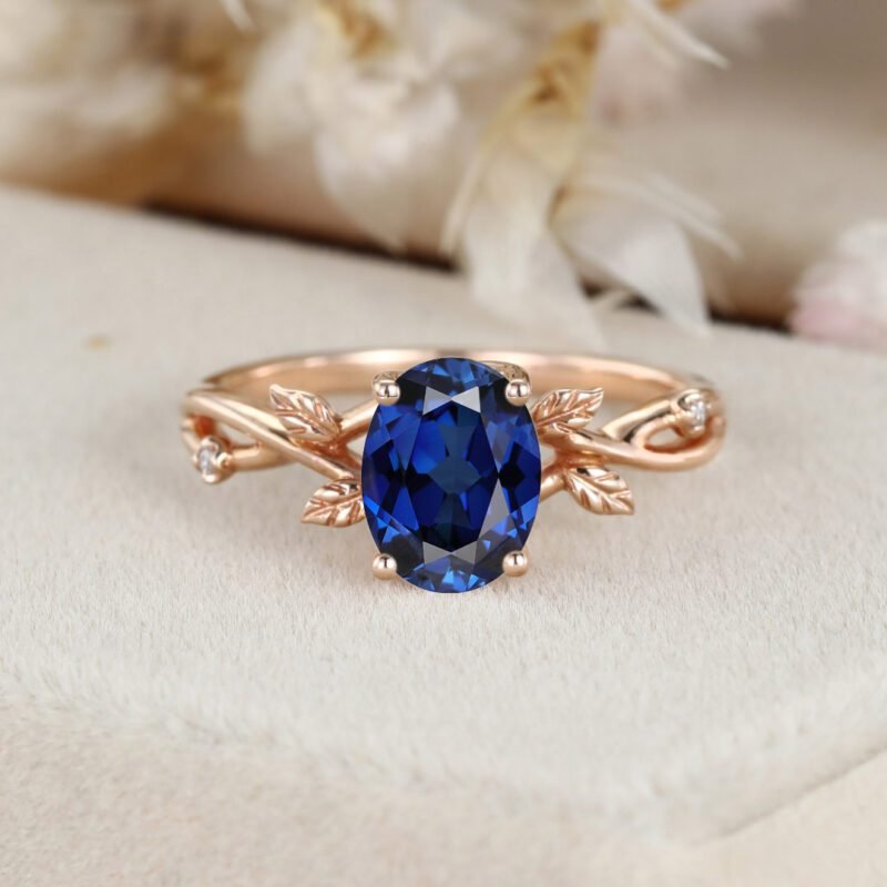 Oval shaped Lab Sapphire Ring Vintage Twig Vine Leaf Ring Unique Rose gold Sapphire Engagement Ring Bridal Ring Promise Anniversary gift