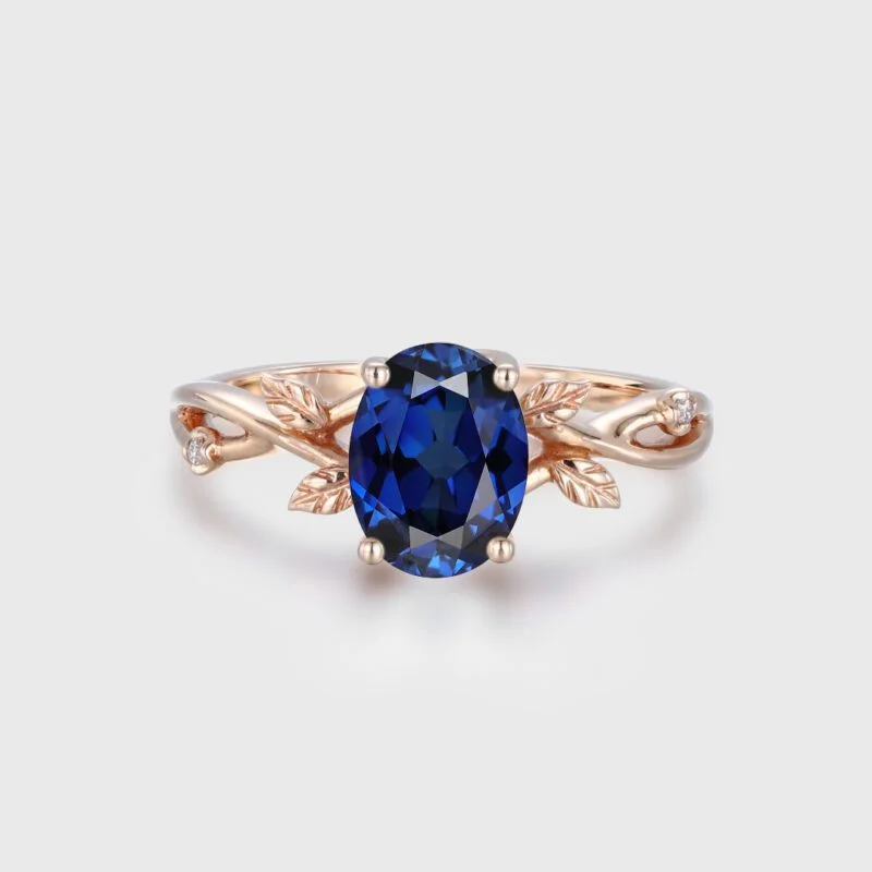 Oval shaped Lab Sapphire Ring Vintage Twig Vine Leaf Ring Unique Rose gold Sapphire Engagement Ring Bridal Ring Promise Anniversary gift