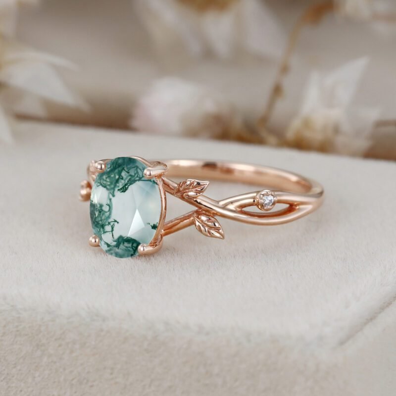 Oval shaped Moss Agate Engagement Ring Unique Leaf Promise Ring Vintage 14K Rose Gold Moss Agate Wedding Ring Dainty Twig Branch Ring Gift