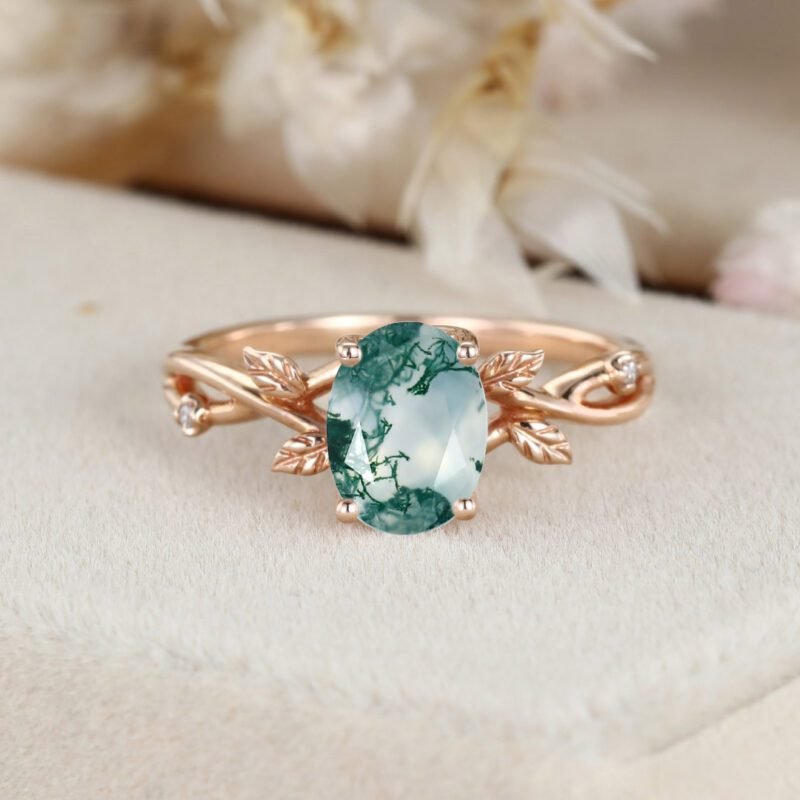 Oval shaped Moss Agate Engagement Ring Unique Leaf Promise Ring Vintage 14K Rose Gold Moss Agate Wedding Ring Dainty Twig Branch Ring Gift