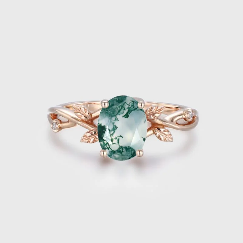 Oval shaped Moss Agate Engagement Ring 14K Rose Gold