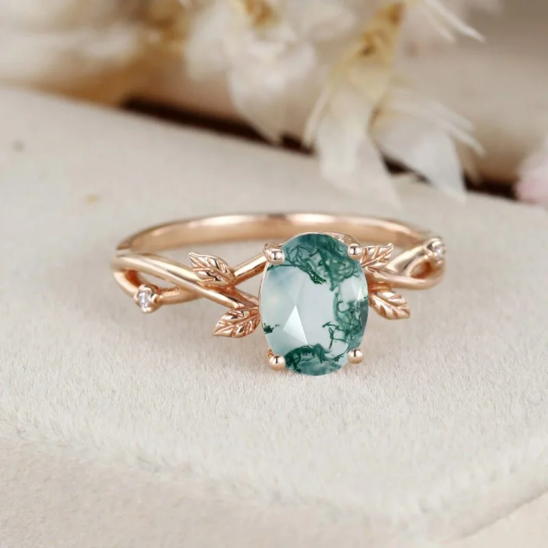 Oval shaped Moss Agate Engagement Ring Unique Leaf Promise Ring Vintage 14K Rose Gold Moss Agate Wedding Ring Dainty Twig Branch Ring Gift