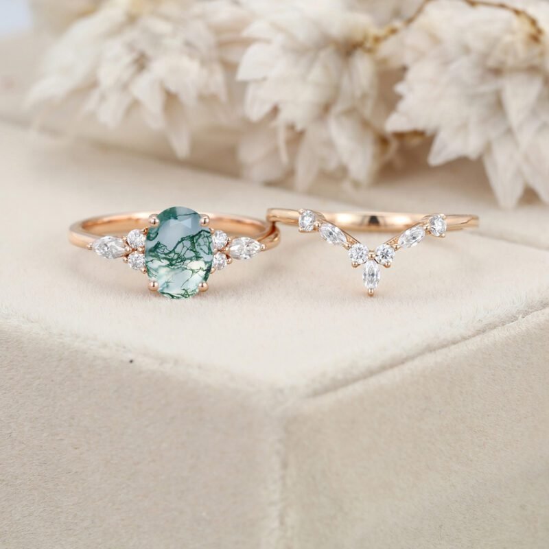 Oval shaped Moss Agate engagement ring set Rose gold Moissanite engagement ring Diamond wedding Bridal Promise Anniversary gift for women