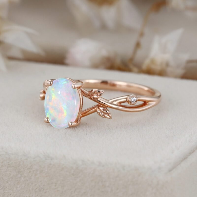 Oval shaped Opal engagement ring Vintage rose gold Twist leaf ring Dainty twig split Unique vine ring Promise Marriage Anniversary ring