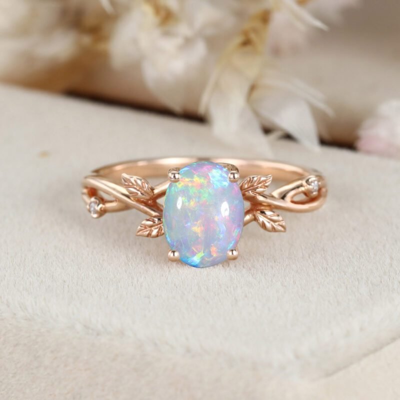 Oval shaped Opal engagement ring Vintage rose gold Twist leaf ring Dainty twig split Unique vine ring Promise Marriage Anniversary ring