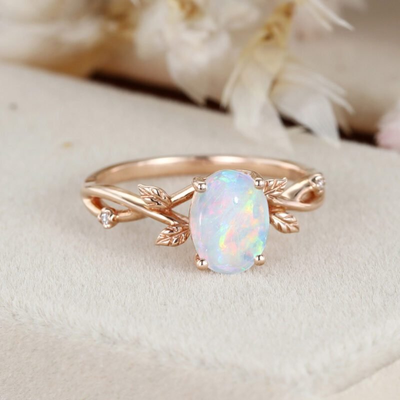 Oval shaped Opal engagement ring Vintage rose gold Twist leaf ring Dainty twig split Unique vine ring Promise Marriage Anniversary ring