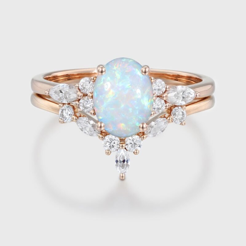 Oval shaped Opal engagement ring set 14K Rose gold Moissanite engagement ring Diamond wedding Bridal Promise Anniversary gift for women