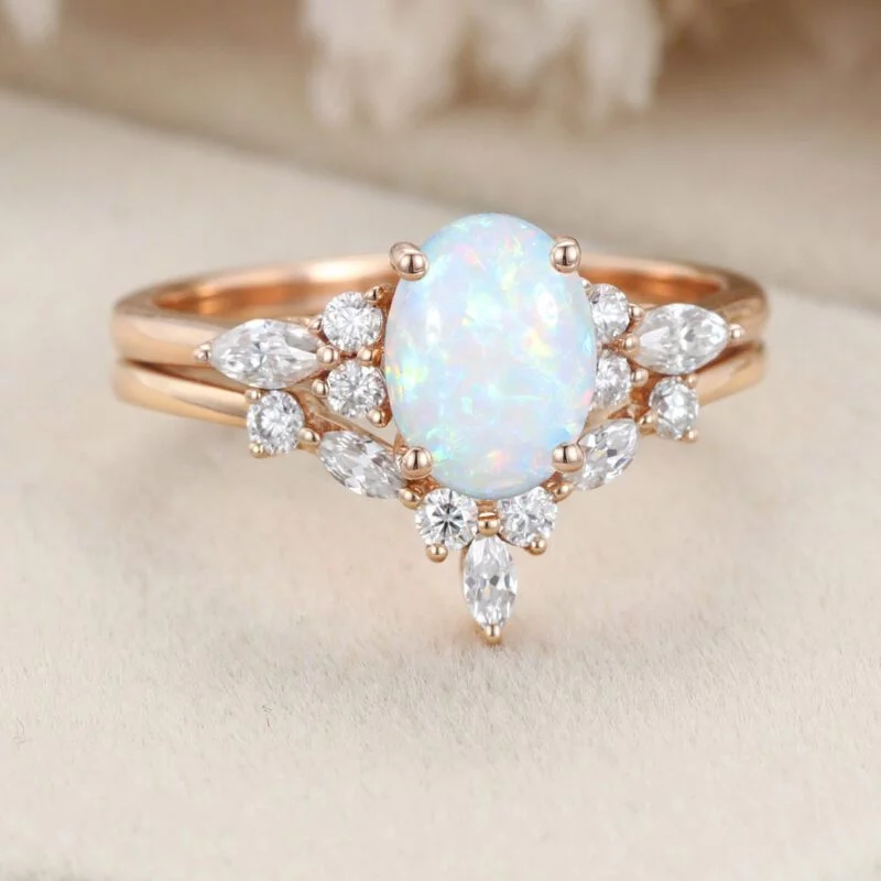 Oval shaped Opal engagement ring set 14K Rose gold Moissanite engagement ring Diamond wedding Bridal Promise Anniversary gift for women