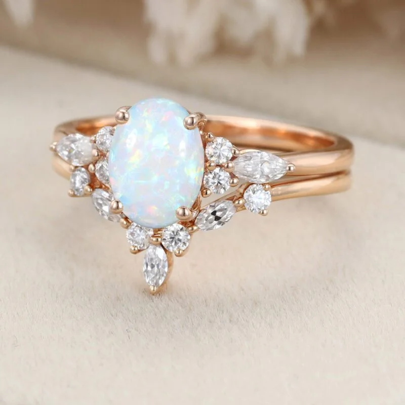 Oval shaped Opal engagement ring set 14K Rose gold Moissanite engagement ring Diamond wedding Bridal Promise Anniversary gift for women