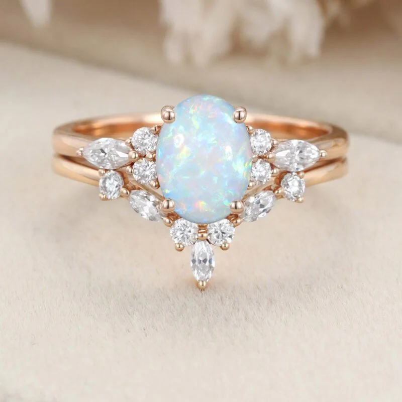 Oval shaped Opal engagement ring set 14K Rose gold Moissanite engagement ring Diamond wedding Bridal Promise Anniversary gift for women