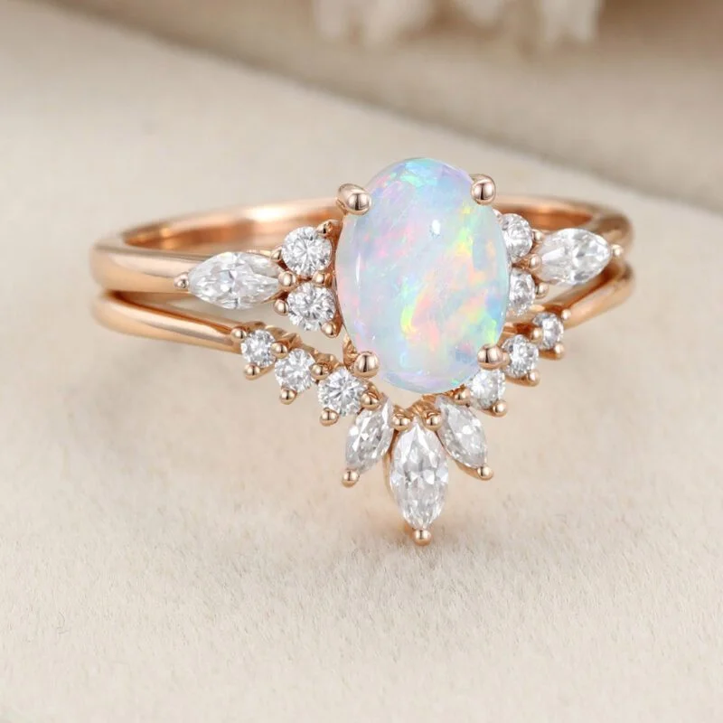 Oval shaped Opal engagement ring set Vintage Rose gold Marquise Moissanite Diamond ring Unique curve ring matching Wedding Anniversary gift