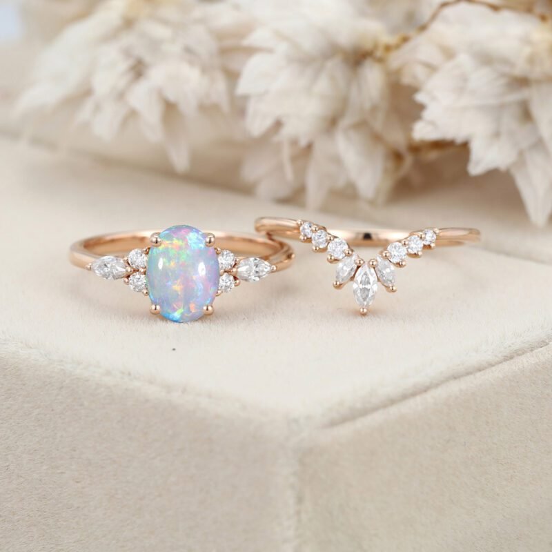Oval shaped Opal engagement ring set Vintage Rose gold Marquise Moissanite Diamond ring Unique curve ring matching Wedding Anniversary gift